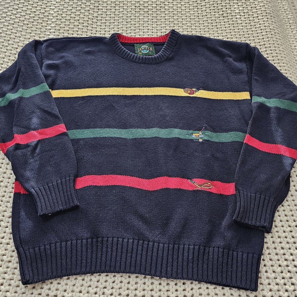 Jantzen Navy Crewneck Sweater with Red, Green & Yellow Stripes